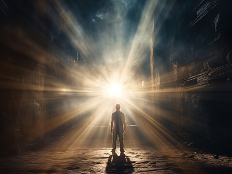 Male stand back and look to light of new civilization, new age concept.