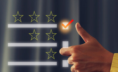 businessman gives thumbs up to rate Inquiring about service satisfaction, select 3 stars,rating very impressed.