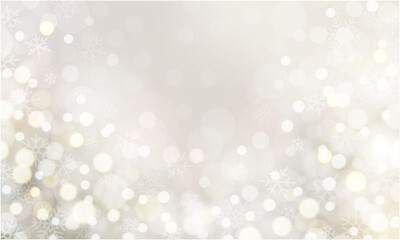 キラキラ輝く玉ボケと雪の結晶が綺麗なプラチナゴールドの背景イラスト、クリスマスやウェディング、ラグジュアリーな雰囲気に最適