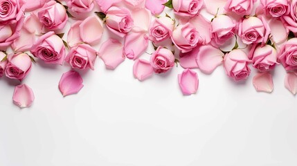 Close up of blooming pink roses and petals on white background. Decorative romantic banner 