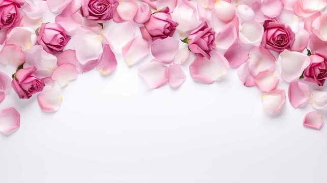 Close up of blooming pink roses and petals on white background. Decorative romantic banner 