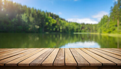 Empty wooden table top with blur background of summer lakes. For product showing