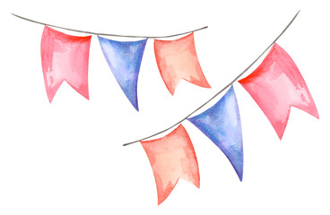 Watercolor different vintage flags garlands, hand drawn illustration of blue, pink, orange flags isolated on white background.