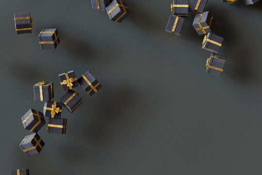 3D render of gray colored Christmas presents falling against gray background