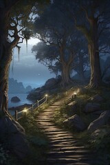 Floresta a noite photo realistic, concept art, fantasy painting, 8K, highly detailed