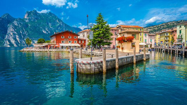 Italy, Trentino, Torbole, Harbor of town on shore of Lake Garda