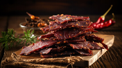 Board with spicy beef jerky on dark background.