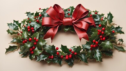 A classic red and green holly wreath with a festive bow on a cream-colored background. Generative AI