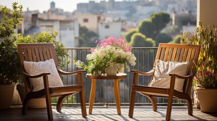 Fototapeta na wymiar Beautiful balcony or terrace with two chairs, natural material decorations