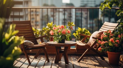 Beautiful balcony or terrace with two chairs, natural material decorations - obrazy, fototapety, plakaty