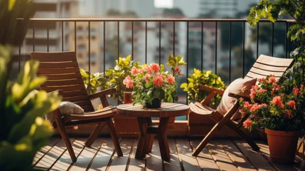 Fotobehang Beautiful balcony or terrace with two chairs, natural material decorations © sirisakboakaew