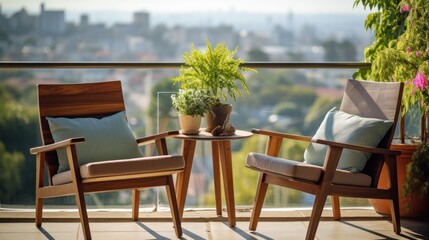 Obraz premium Beautiful balcony or terrace with two chairs, natural material decorations