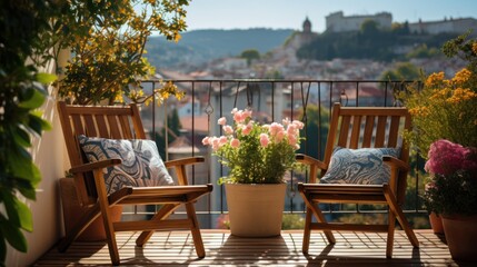 Obraz premium Beautiful balcony or terrace with two chairs, natural material decorations