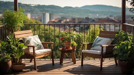 Obraz premium Beautiful balcony or terrace with two chairs, natural material decorations