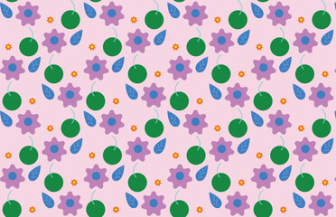 seamless pattern with colorful flowers and apple