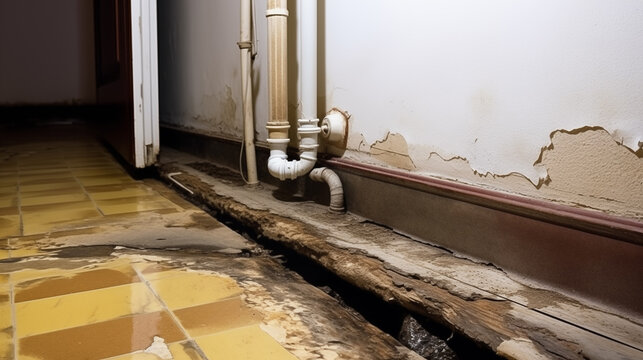 Dirty old water pipes on the floor in the bathroom. Dirty water. Broken floor.