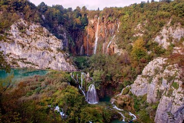 A view to the waterfall Veliki slap, the biggest in Plitvice lakes, Croatia