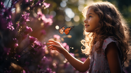 Happy, cute, little girl among spring flowers with sparkling insects and butterflies. Selective focus.