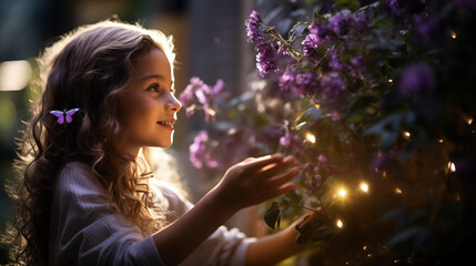 Happy, cute, little girl among spring flowers with sparkling insects and butterflies. Selective focus.