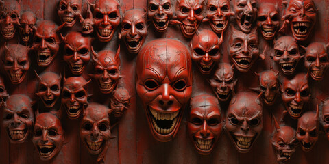 Red demonic faces forming a horrific wall.