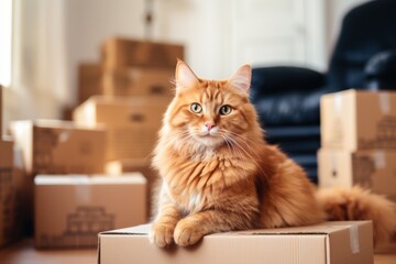 cat sitting near stack of cardboard boxes.