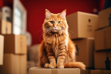 cat sitting near stack of cardboard boxes.