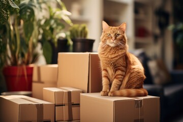 cat sitting near stack of cardboard boxes.