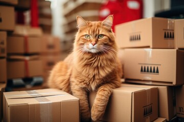 Fototapeta premium cat sitting near stack of cardboard boxes.