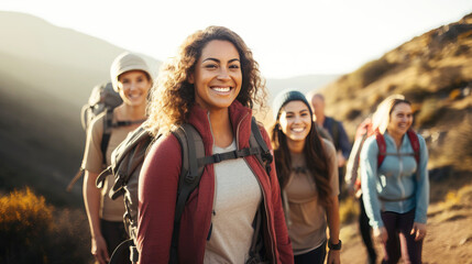 Cheerful women friends enjoying a sunlit mountain hike