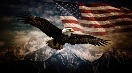Majestic eagle soars in front of an American flag with dramatic mountainous backdrop