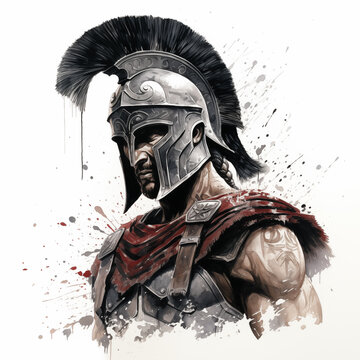 Digital painting of a Roman legionary soldier in full armor on a white background.  Knight in armor on a white background.  Illustration.