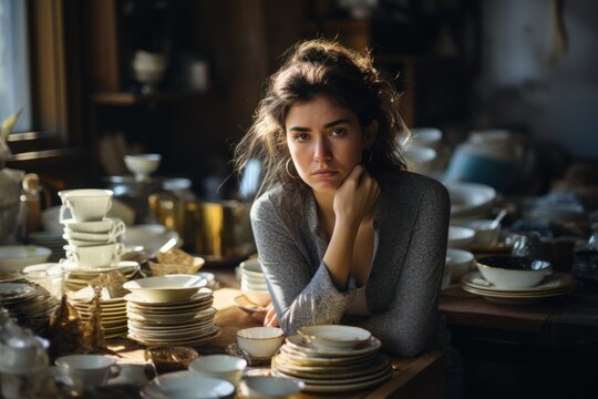 Tired exhausted woman sitting at table with many plates.