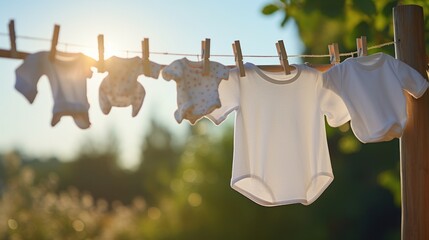 photograph of White baby clothes hanging on laundry line outdoors. - obrazy, fototapety, plakaty