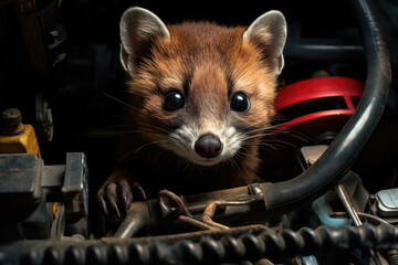 Curious marten peeking out from a vehicle engine compartment