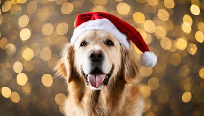 Golden retriever dog with Santa hat on golden bokeh background