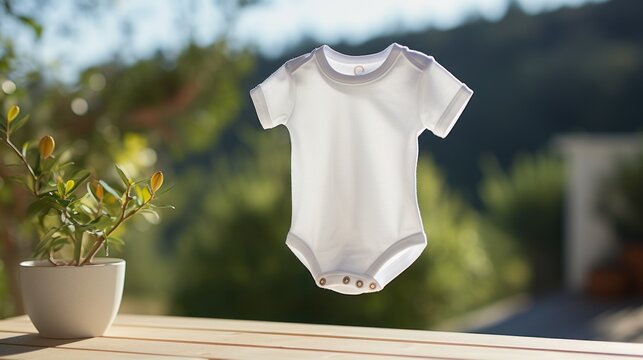 photograph of White baby clothes hanging on laundry line outdoors.
