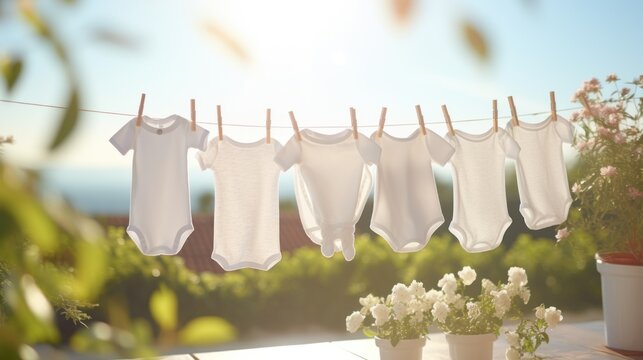 photograph of White baby clothes hanging on laundry line outdoors.