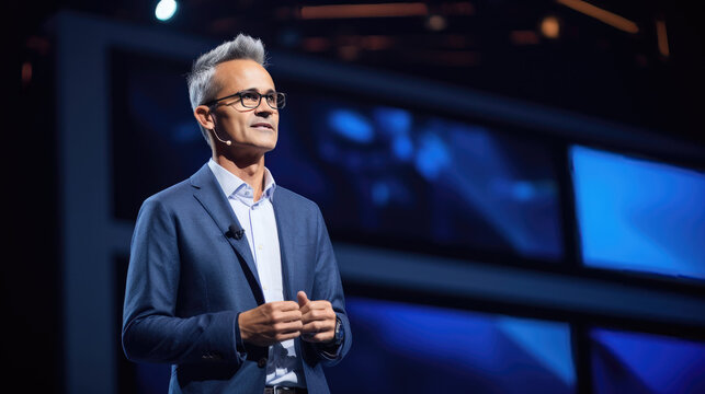 Mature professional speaking on a modern stage during a business seminar