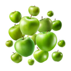 Green apples levitating in the air isolated on transparent background