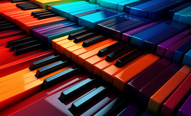 3D abstract of colourful piano keys creating a musical and geometric pattern.
