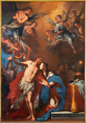 Obraz na płótnie Canvas VICENZA, ITALY - NOVEMBER 5, 2023: The painting of Apparition of resurrected Jesu his mother Mary in the chruch Chiesa di San Lorenzo by Francesco Pittoni (1654 − 1724).