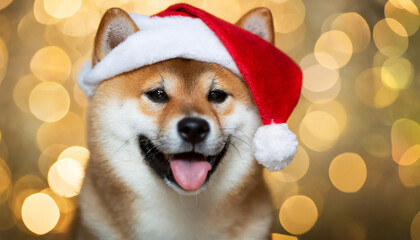 Fototapeta na wymiar Shiba inu dog with Santa hat on golden bokeh background