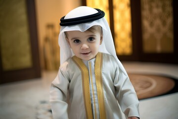A baby wearing Arabic clothes/ Bisht/ Ghutra and egal/ Thobe. 