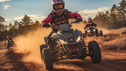 Racing quad bike on dirt track in the mountains, desert during sunset. Extreme sport. - obrazy, fototapety, plakaty