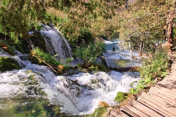 The waterfalls and cascades at national park Plitvice lakes, Croatia 