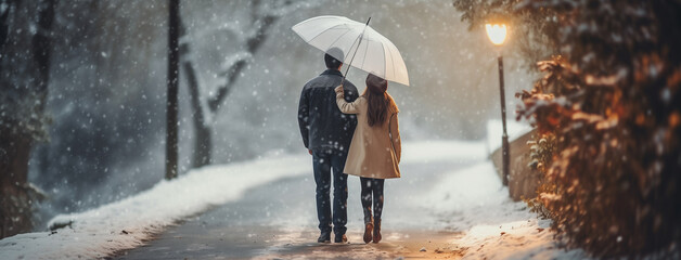 Snowy weather environment, Couple walking on cold day in winter through a road with umbrella and surrounded by white snow	