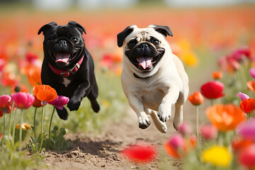 Two cute funny pugs running happily through a field with tulips
