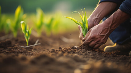 Farmer checks corn sprouts, close up view of hands