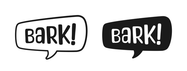 Bark text in a speech bubble balloon outline and silhouette set. Cartoon comics dog sound effect lettering. Simple flat vector illustration.