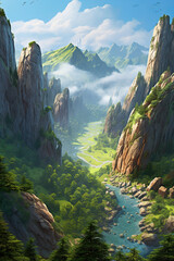 a valley surrounded by mountains and clouds. Generative Ai